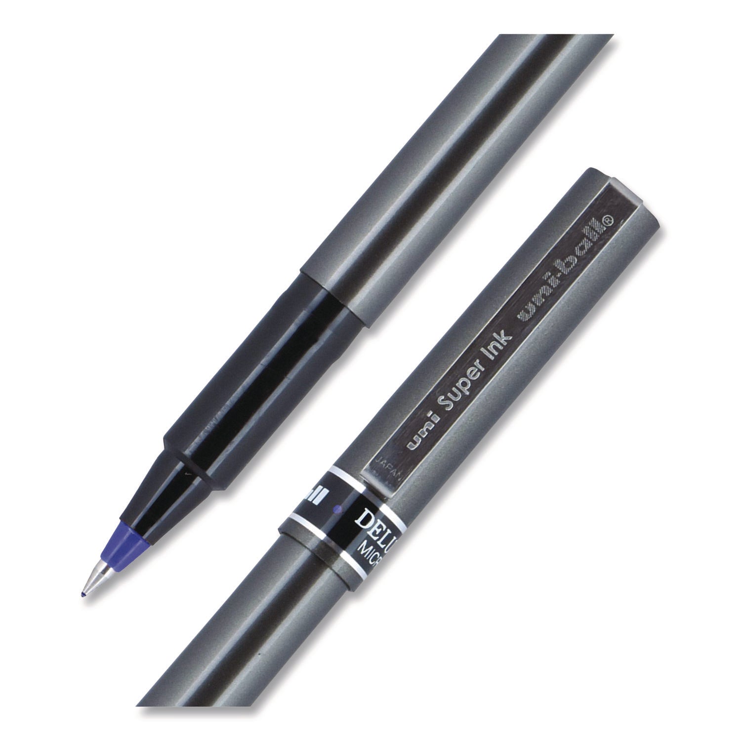 Deluxe Roller Ball Pen, Stick, Extra-Fine 0.5 mm, Blue Ink, Metallic Gray/Black/Blue Barrel, Dozen
