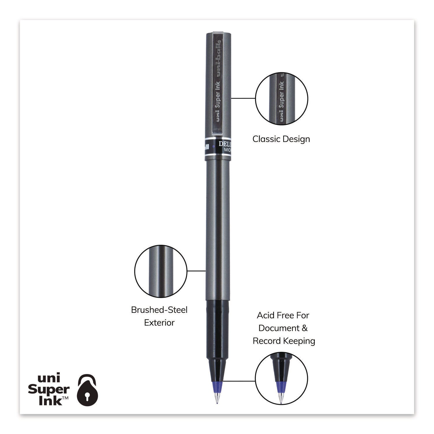 Deluxe Roller Ball Pen, Stick, Extra-Fine 0.5 mm, Blue Ink, Metallic Gray/Black/Blue Barrel, Dozen