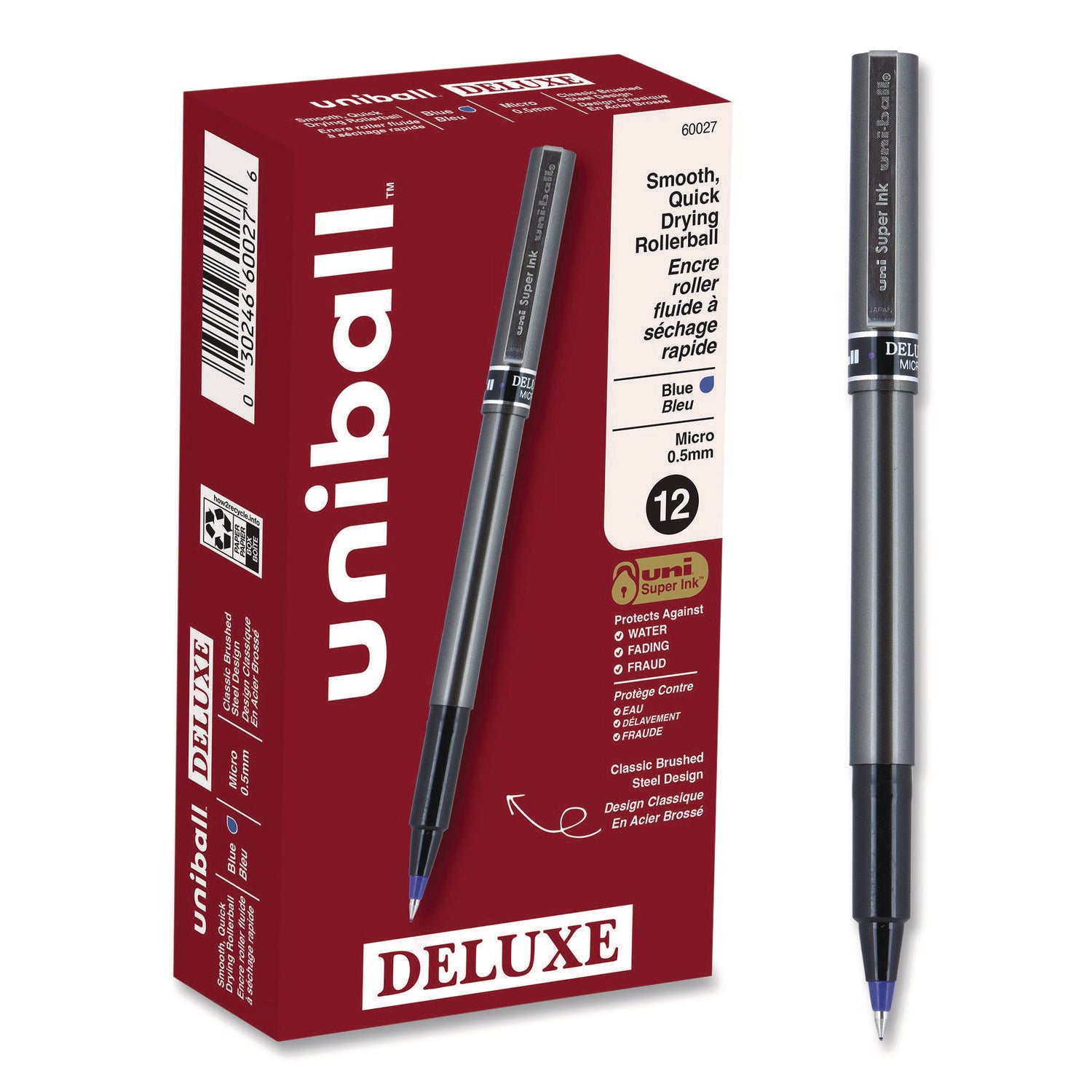 uni-ball - Deluxe Roller Ball Stick Water-Proof Pen, Blue Ink, Micro, Sold as 1 DZ
