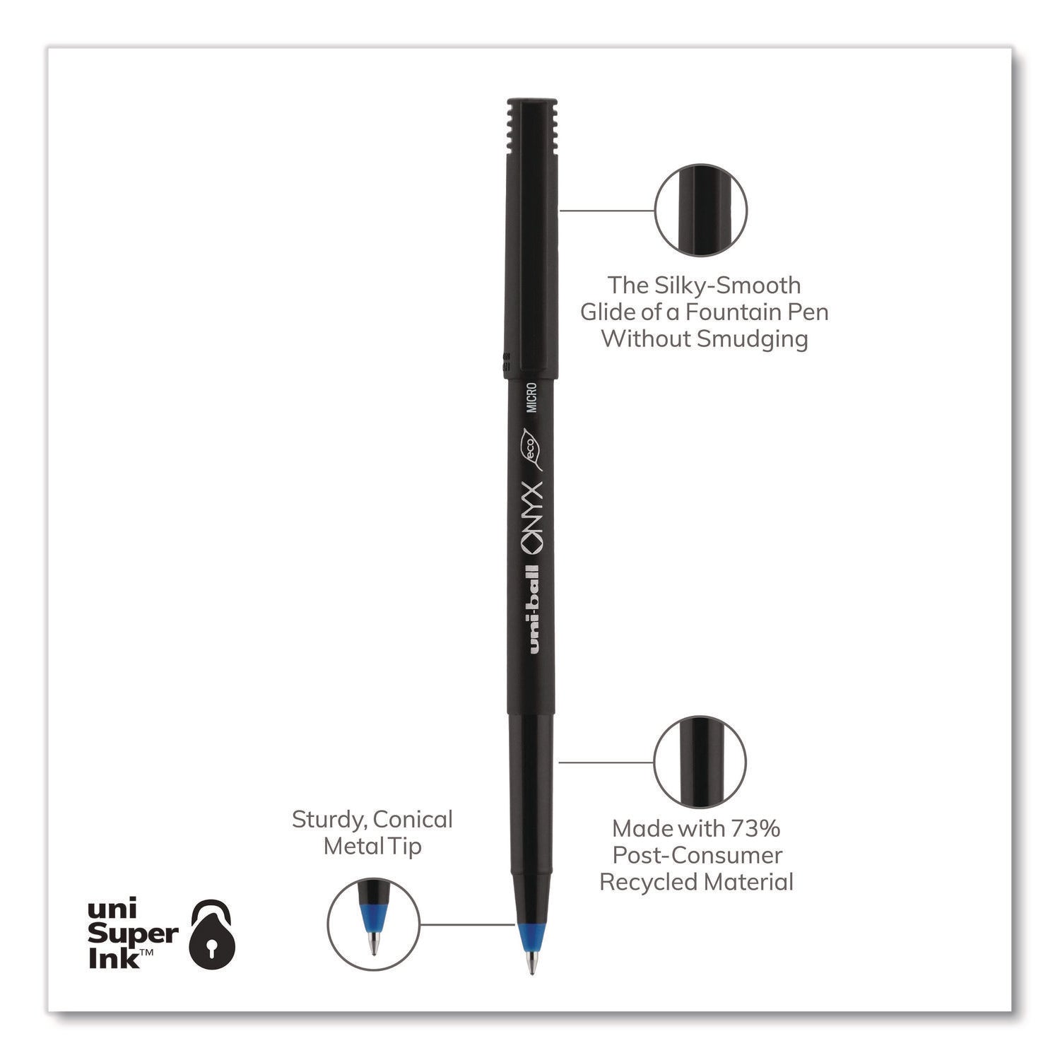 ONYX Roller Ball Pen, Stick, Extra-Fine 0.5 mm, Blue Ink, Black/Blue Barrel, Dozen