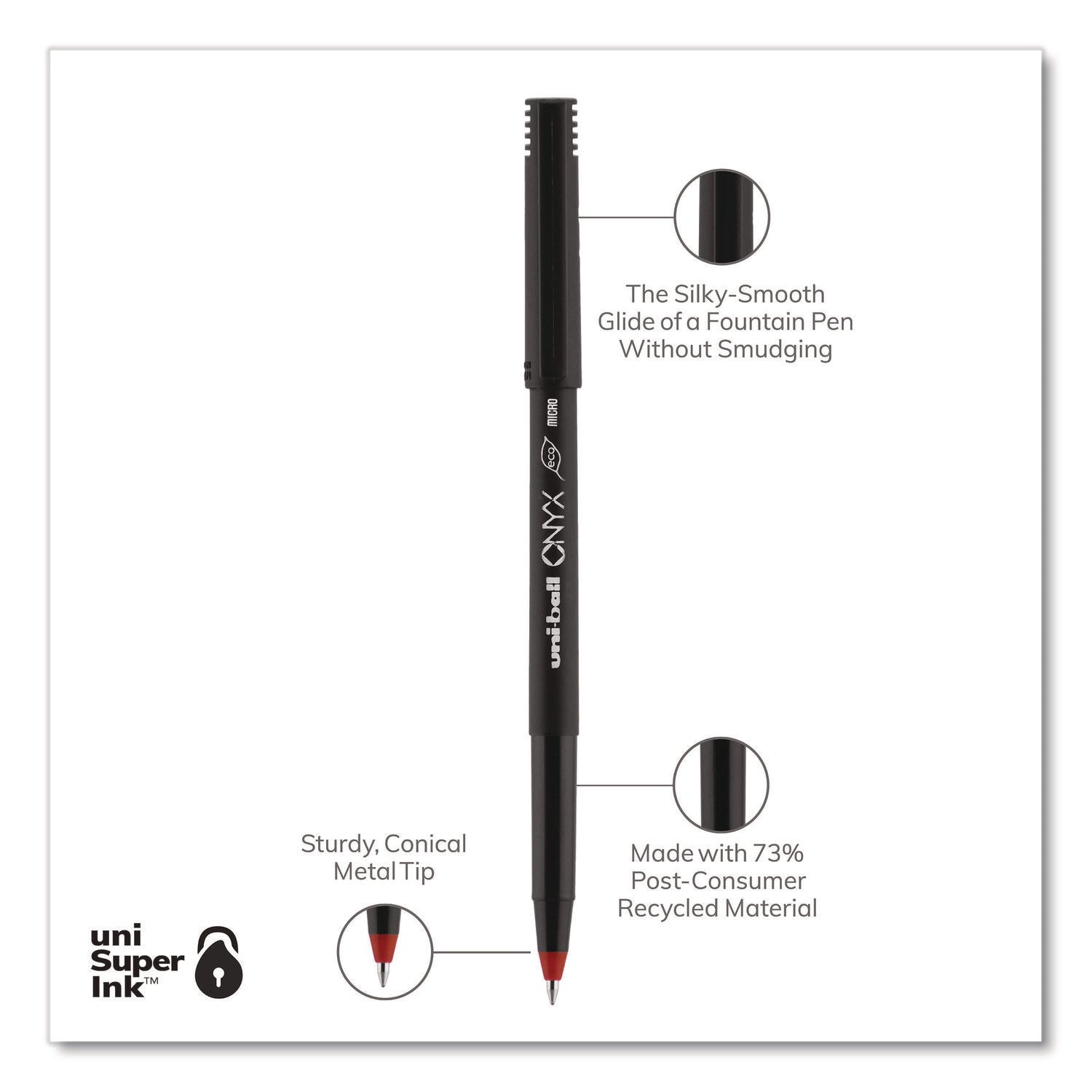 ONYX Roller Ball Pen, Stick, Extra-Fine 0.5 mm, Red Ink, Black/Red Barrel, Dozen