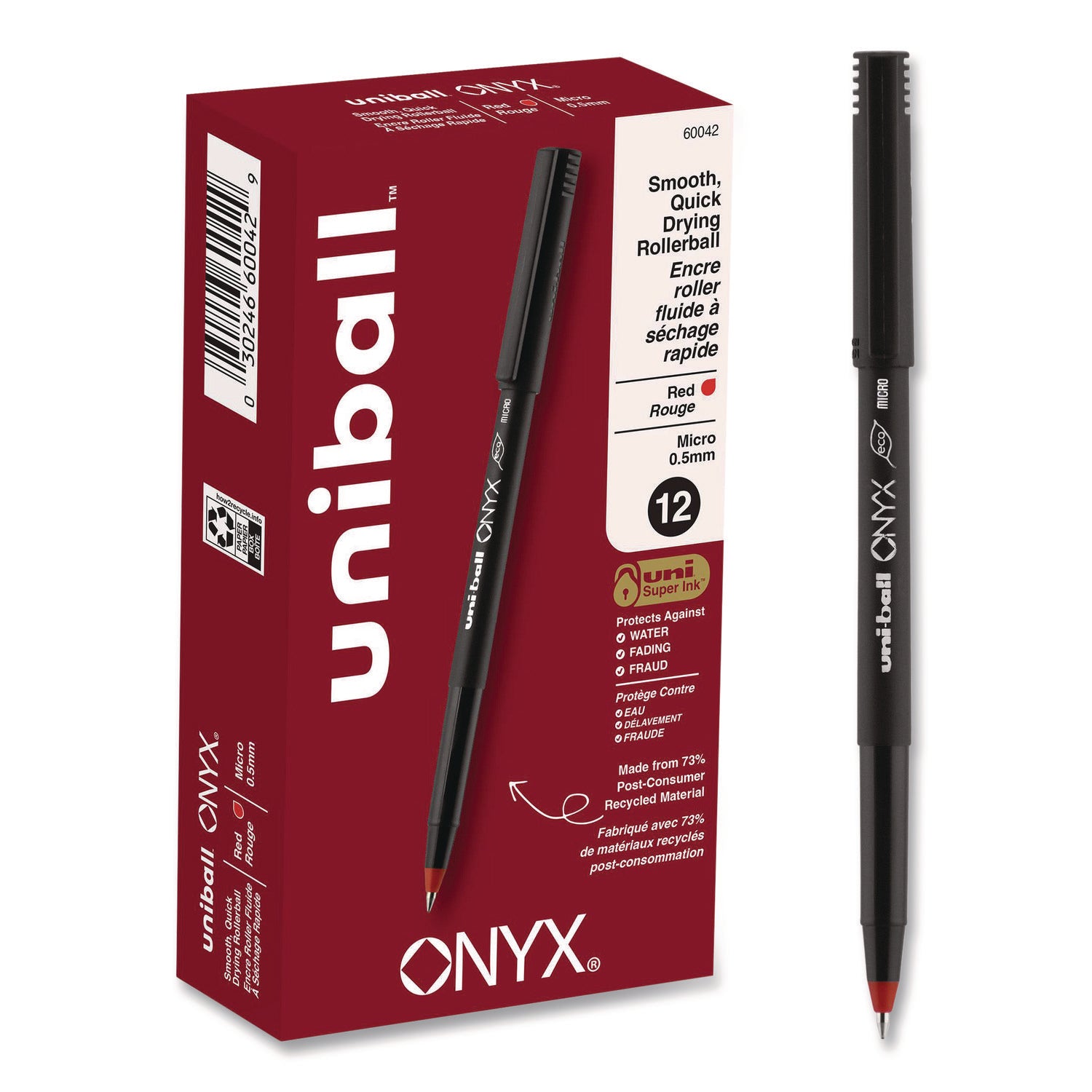ONYX Roller Ball Pen, Stick, Extra-Fine 0.5 mm, Red Ink, Black/Red Barrel, Dozen