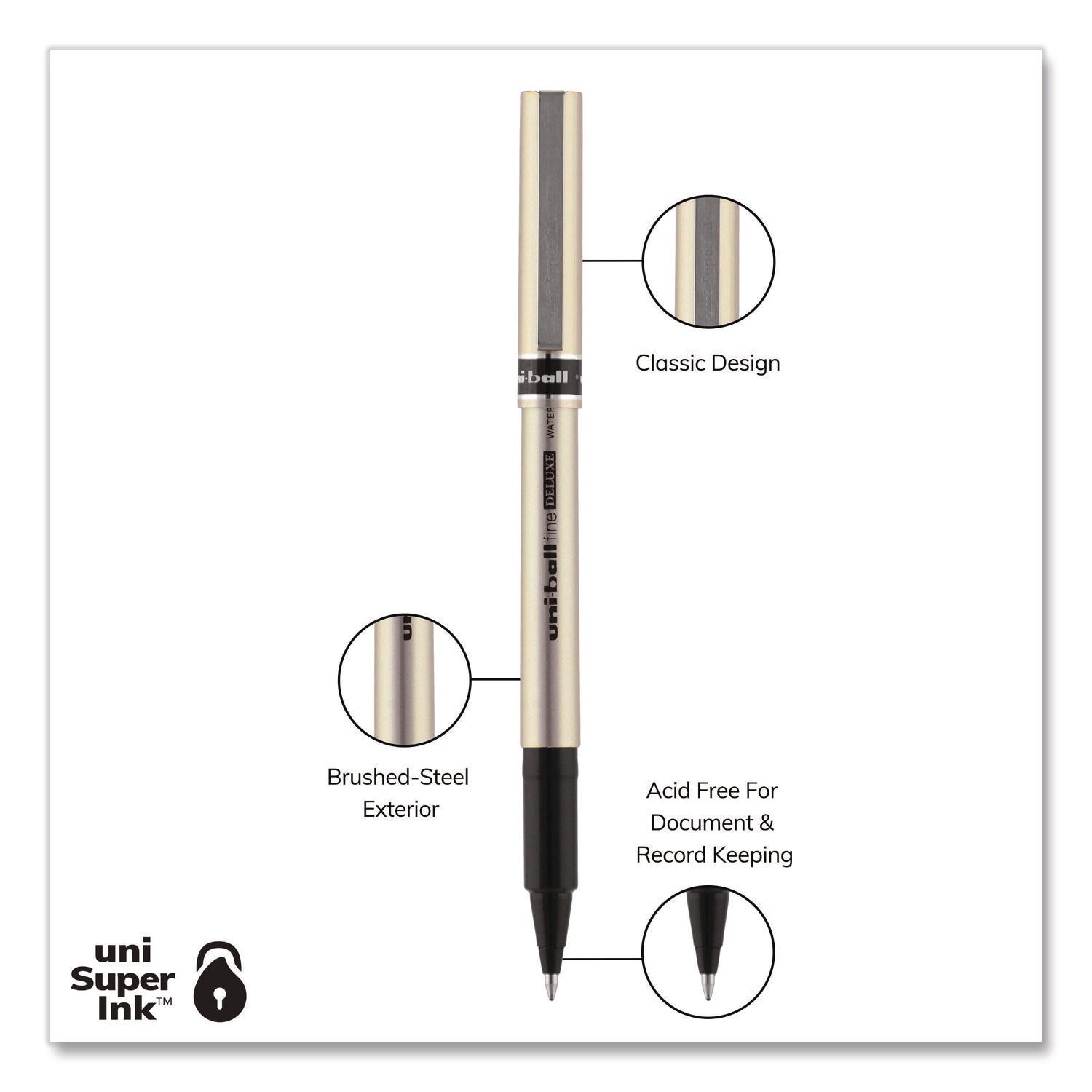 Deluxe Roller Ball Pen, Stick, Fine 0.7 mm, Black Ink, Champagne/Black Barrel, Dozen