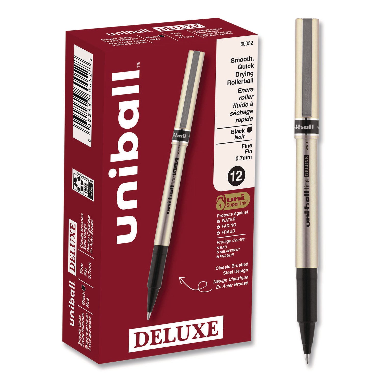 Deluxe Roller Ball Pen, Stick, Fine 0.7 mm, Black Ink, Champagne/Black Barrel, Dozen