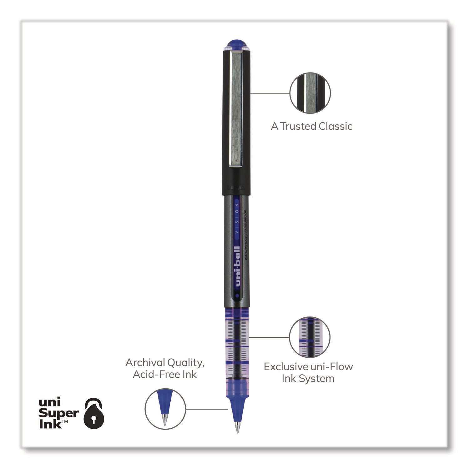 VISION Roller Ball Pen, Stick, Extra-Fine 0.5 mm, Blue Ink, Gray/Blue/Clear Barrel, Dozen