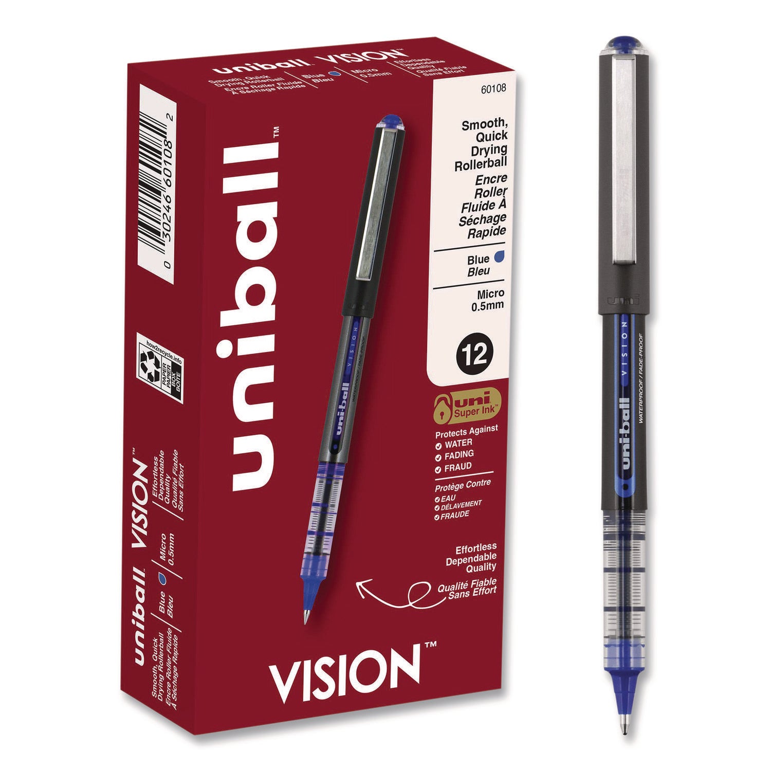 VISION Roller Ball Pen, Stick, Extra-Fine 0.5 mm, Blue Ink, Gray/Blue/Clear Barrel, Dozen