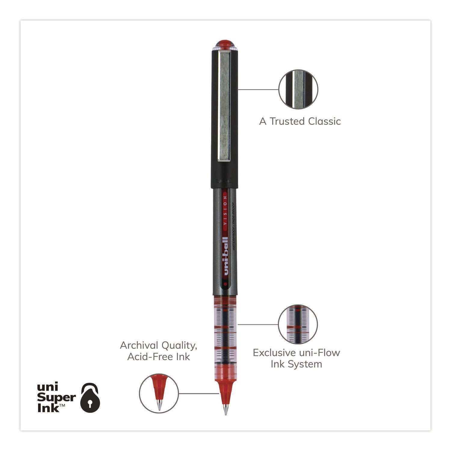 VISION Roller Ball Pen, Stick, Extra-Fine 0.5 mm, Red Ink, Gray/Red Barrel, Dozen