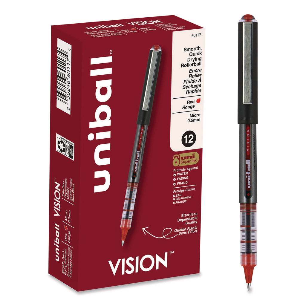 VISION Roller Ball Pen, Stick, Extra-Fine 0.5 mm, Red Ink, Gray/Red Barrel, Dozen