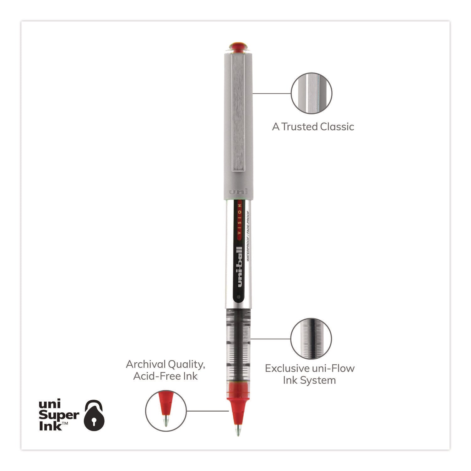 VISION Roller Ball Pen, Stick, Fine 0.7 mm, Red Ink, Silver/Red/Clear Barrel, Dozen
