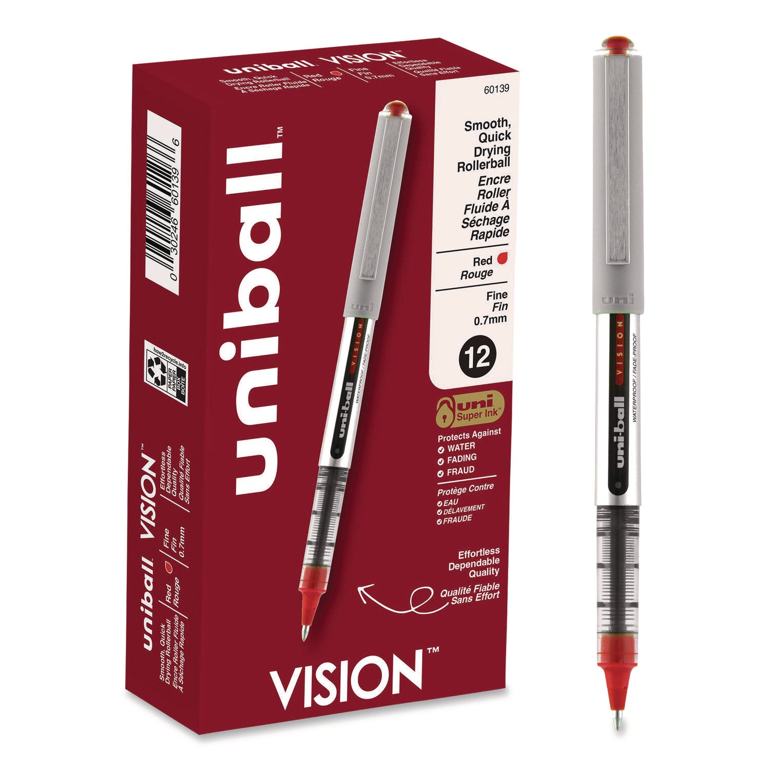 VISION Roller Ball Pen, Stick, Fine 0.7 mm, Red Ink, Silver/Red/Clear Barrel, Dozen