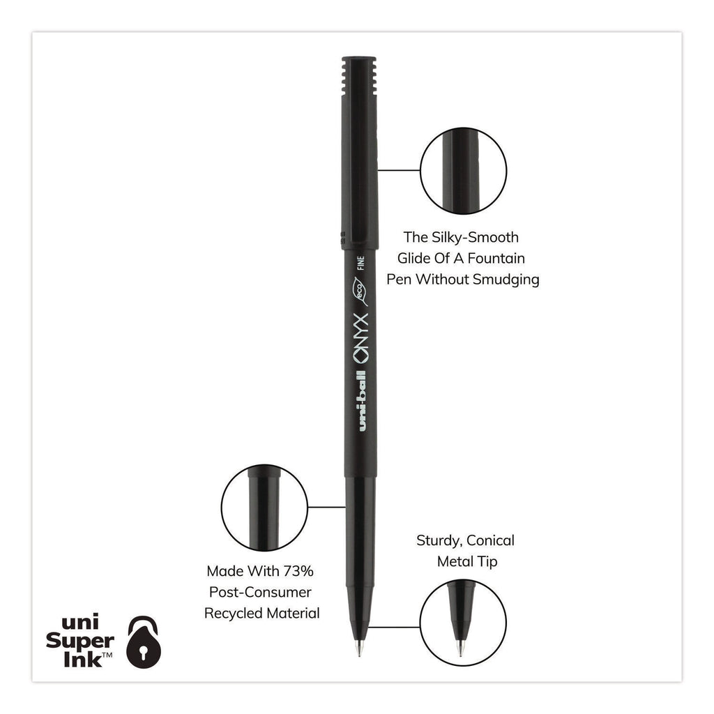 ONYX Roller Ball Pen, Stick, Fine 0.7 mm, Black Ink, Black Barrel, Dozen