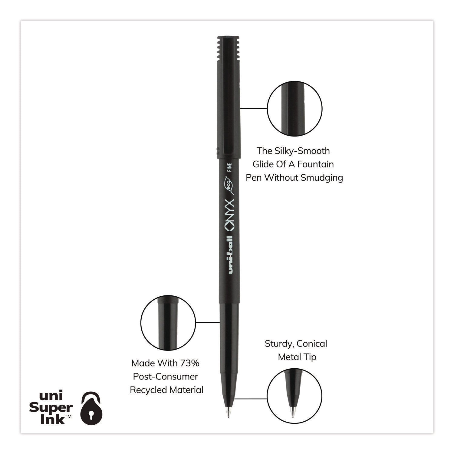 ONYX Roller Ball Pen, Stick, Fine 0.7 mm, Black Ink, Black Barrel, Dozen