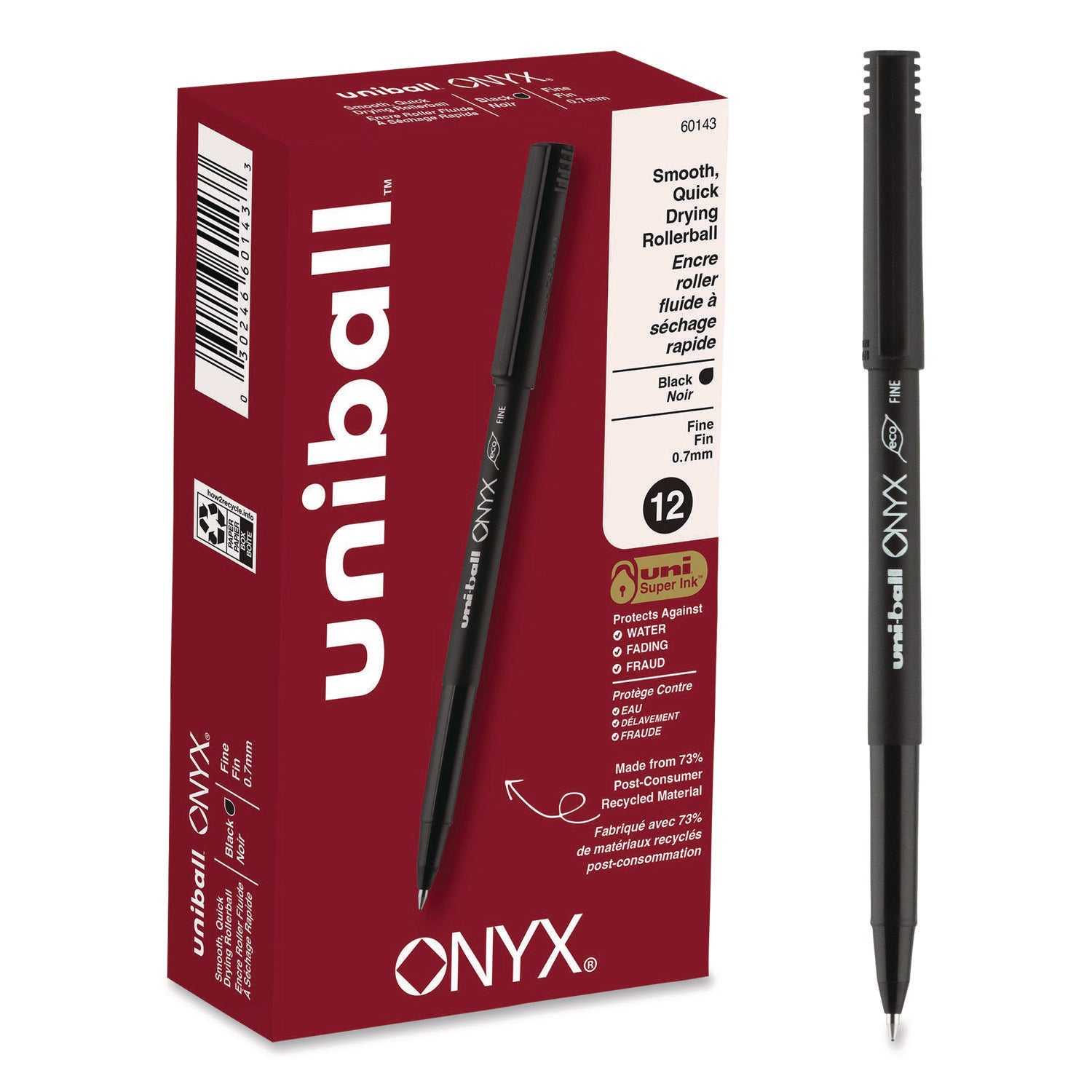 ONYX Roller Ball Pen, Stick, Fine 0.7 mm, Black Ink, Black Barrel, Dozen