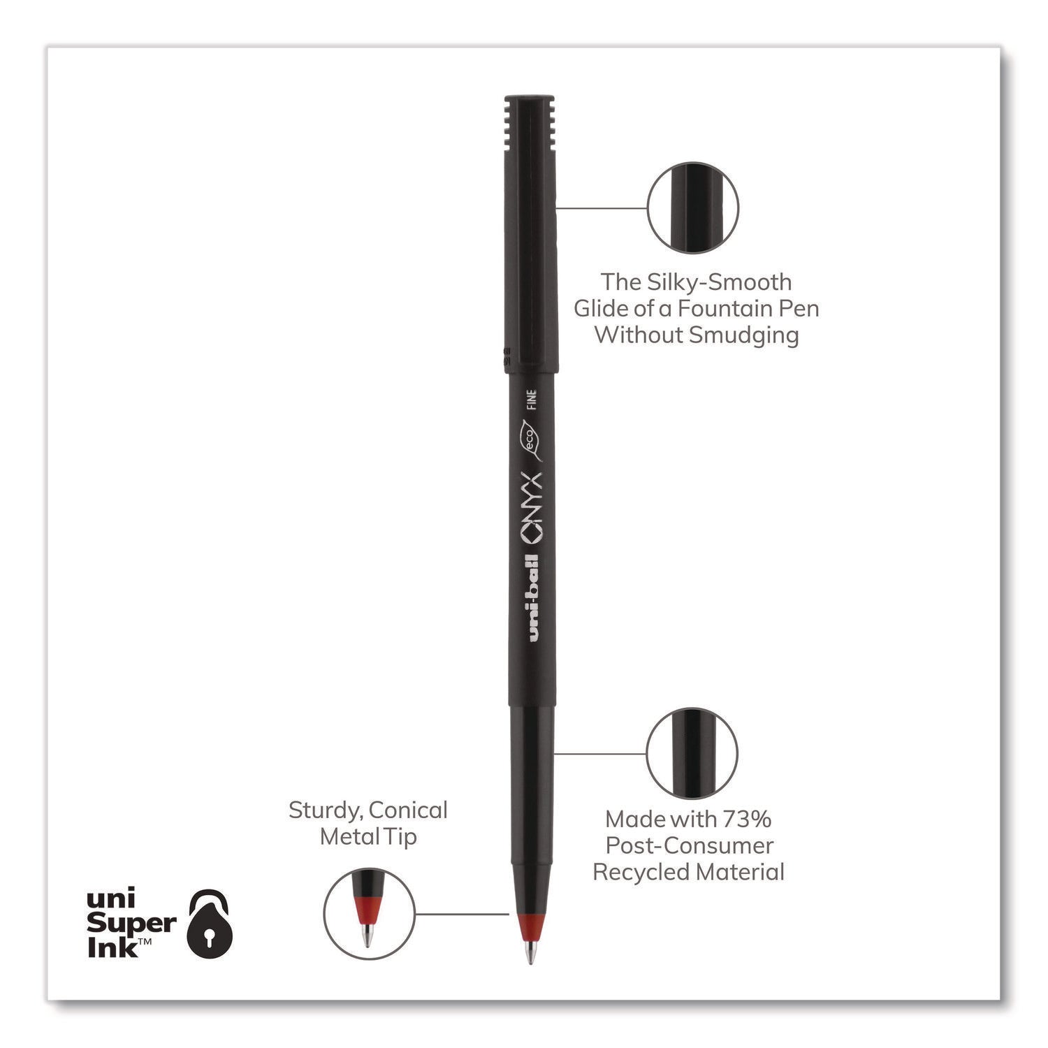 ONYX Roller Ball Pen, Stick, Fine 0.7 mm, Red Ink, Black/Red Barrel, Dozen