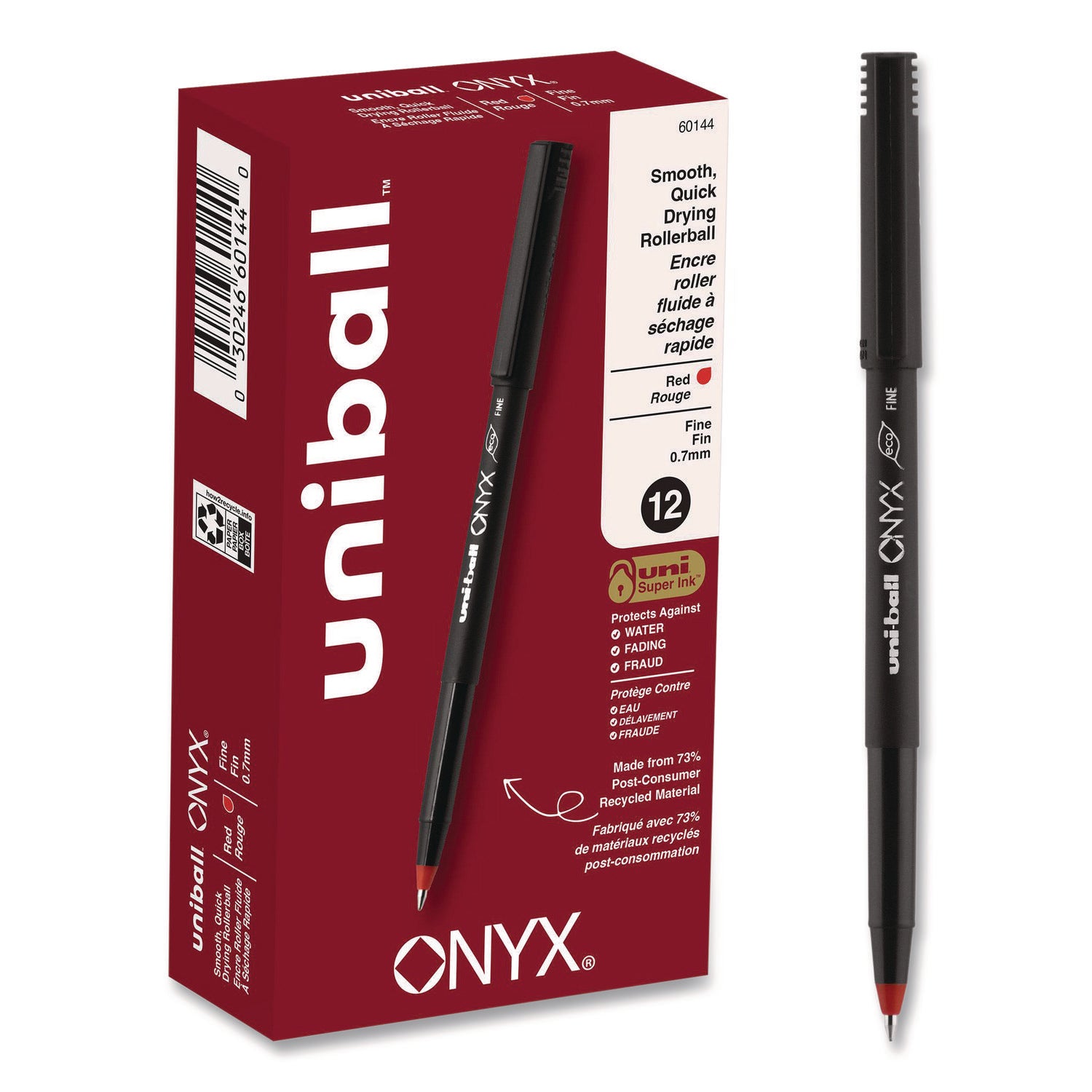 ONYX Roller Ball Pen, Stick, Fine 0.7 mm, Red Ink, Black/Red Barrel, Dozen