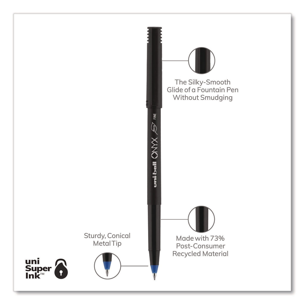 ONYX Roller Ball Pen, Stick, Fine 0.7 mm, Blue Ink, Black/Blue Barrel, Dozen