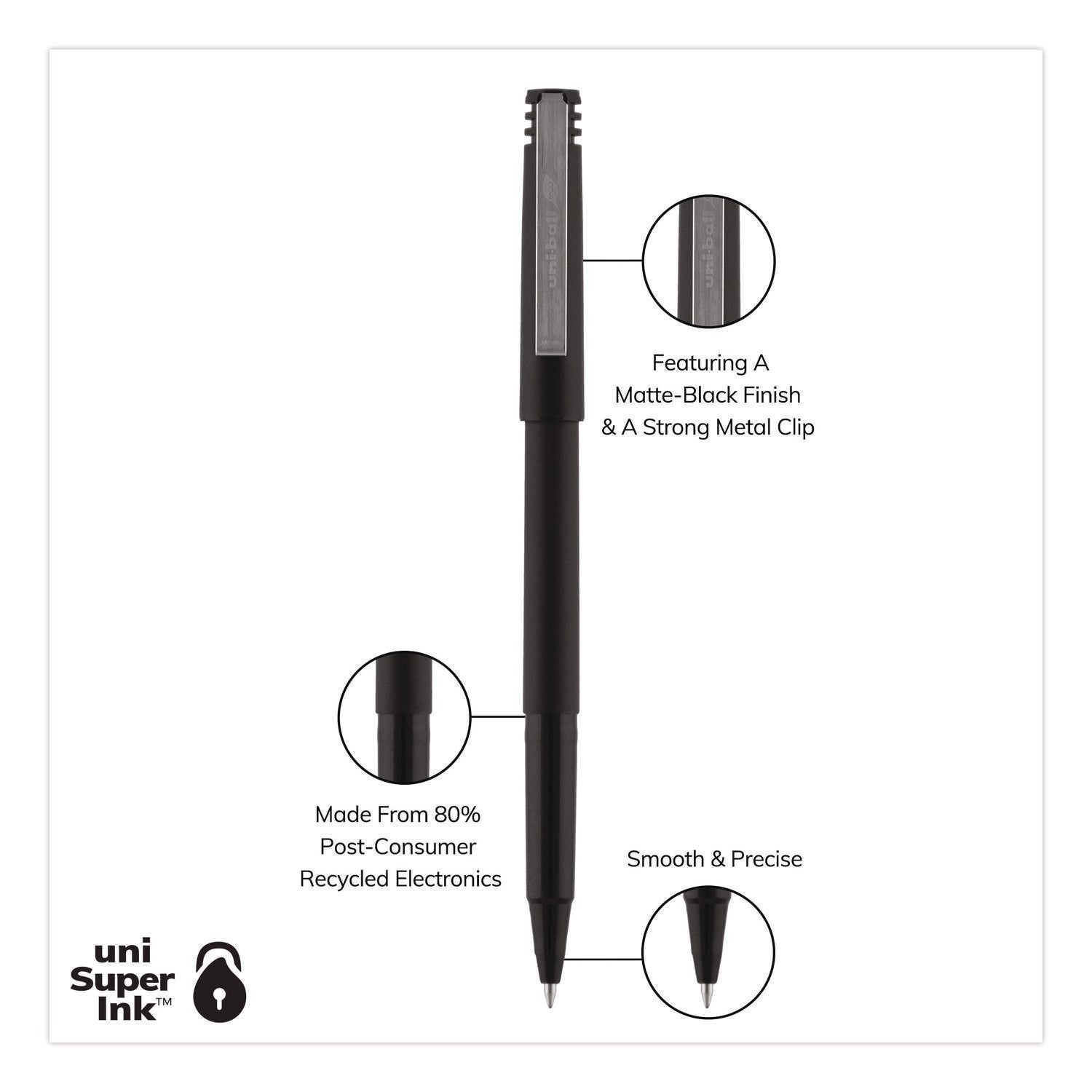 Roller Ball Pen, Stick, Extra-Fine 0.5 mm, Black Ink, Black Matte Barrel, Dozen