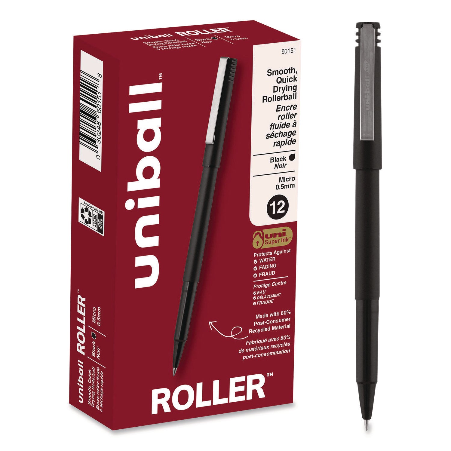 Roller Ball Pen, Stick, Extra-Fine 0.5 mm, Black Ink, Black Matte Barrel, Dozen