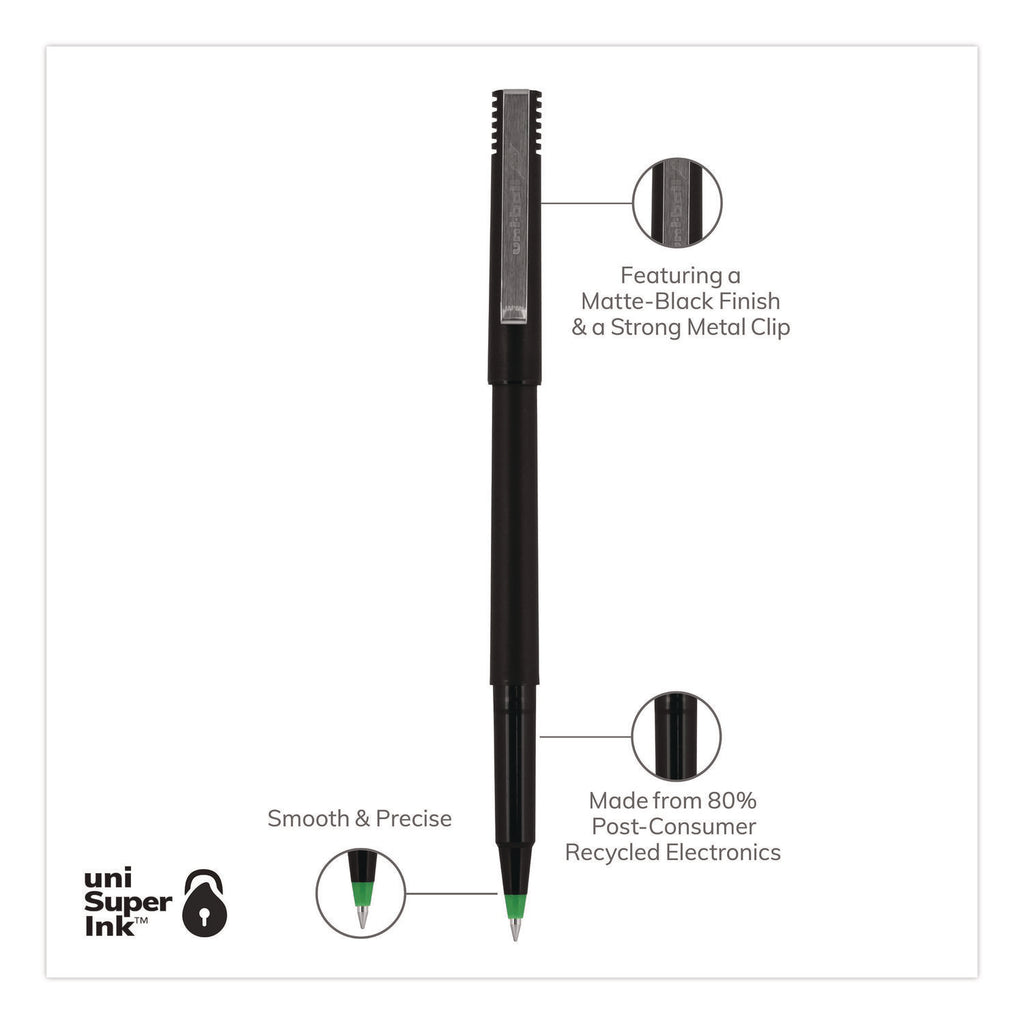 Roller Ball Pen, Stick, Extra-Fine 0.5 mm, Green Ink, Black/Green Barrel, Dozen