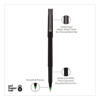 Roller Ball Pen, Stick, Extra-Fine 0.5 mm, Green Ink, Black/Green Barrel, Dozen