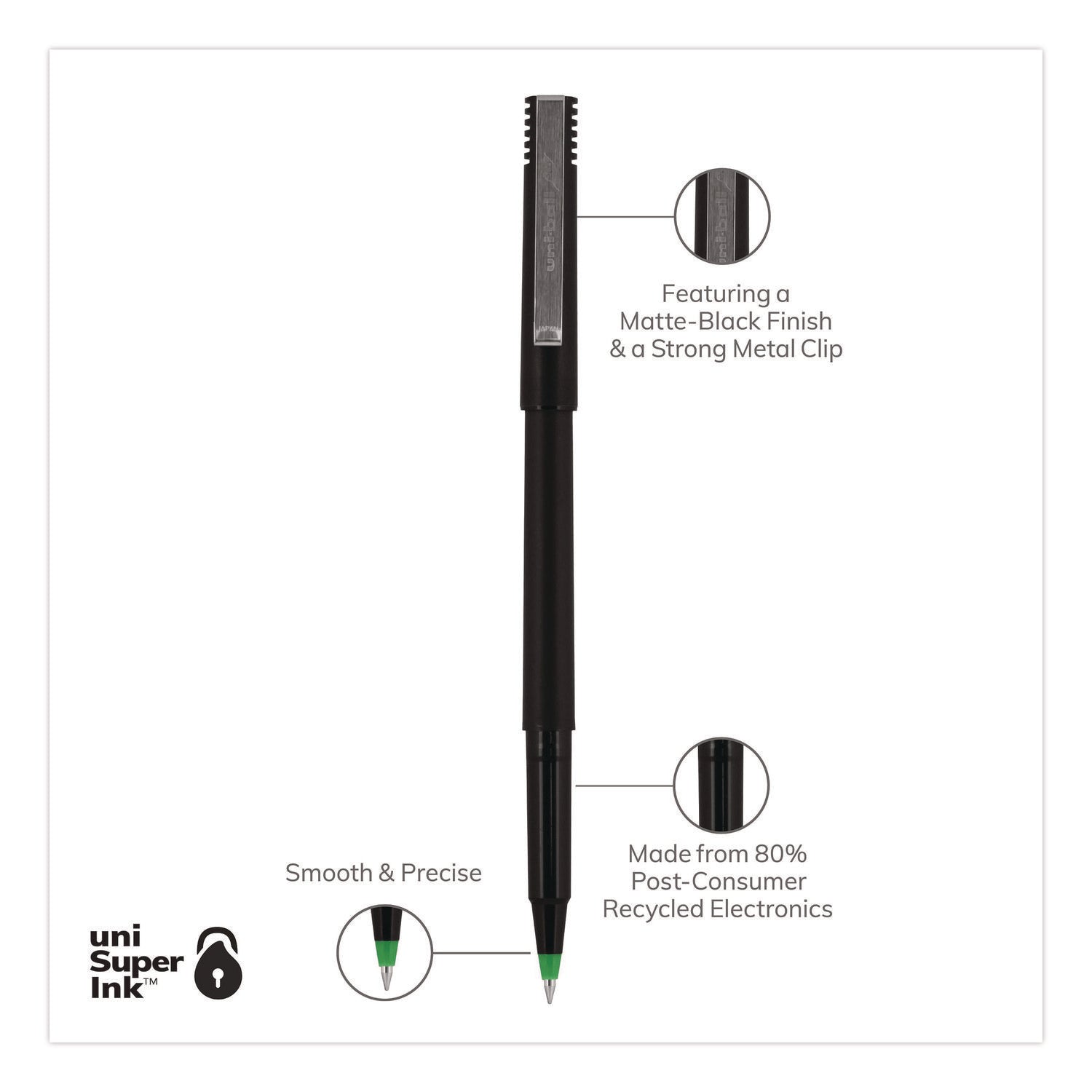 Roller Ball Pen, Stick, Extra-Fine 0.5 mm, Green Ink, Black/Green Barrel, Dozen