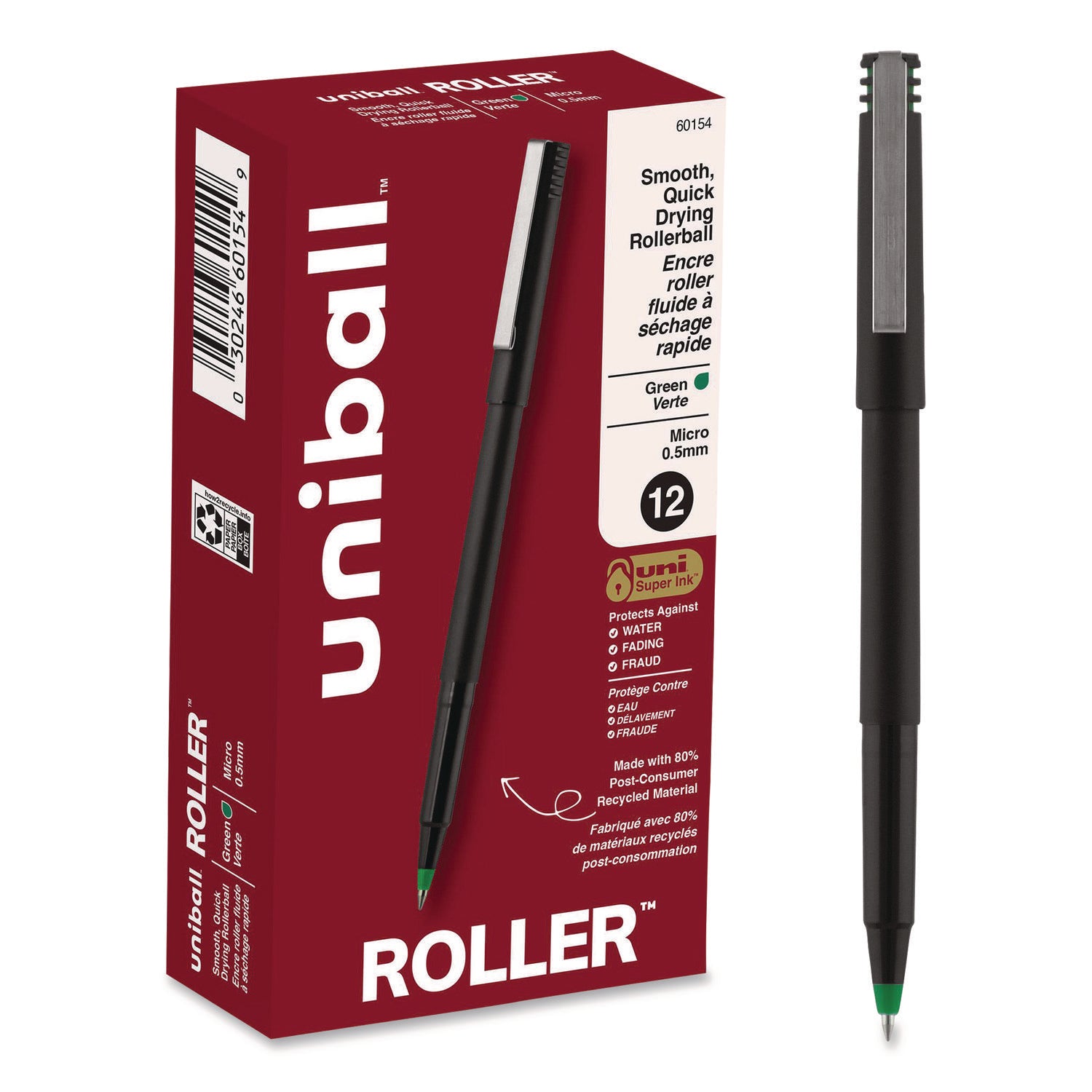 Roller Ball Pen, Stick, Extra-Fine 0.5 mm, Green Ink, Black/Green Barrel, Dozen