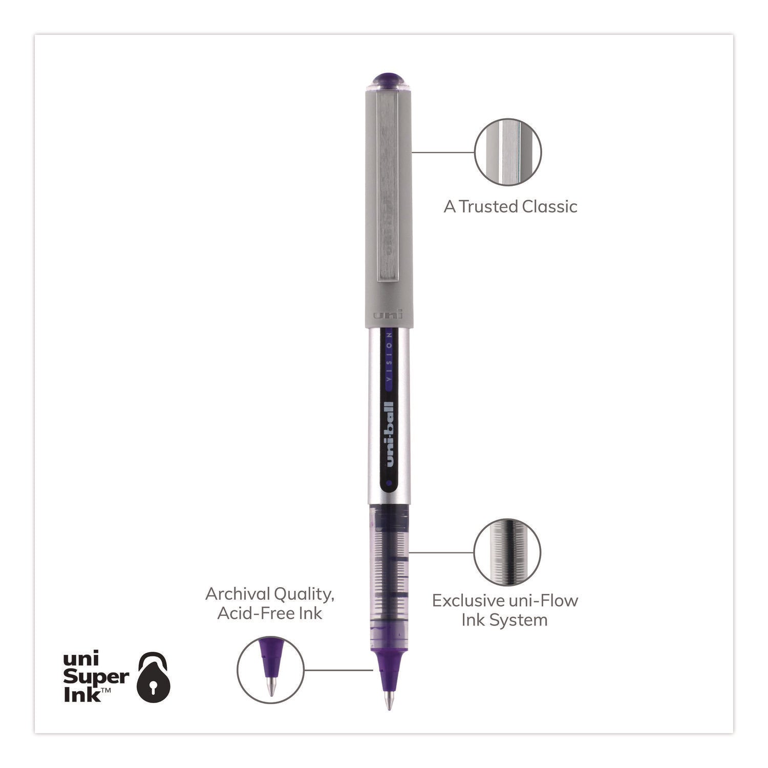uni-ball - Vision Roller Ball Stick Water-Proof Pen, Majestic Purple Ink, Fine, Dozen, Sold as 1 DZ