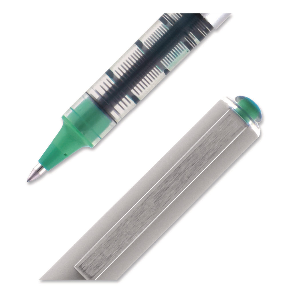 VISION Roller Ball Pen, Stick, Fine 0.7 mm, Green Ink, Silver/Green/Clear Barrel, Dozen