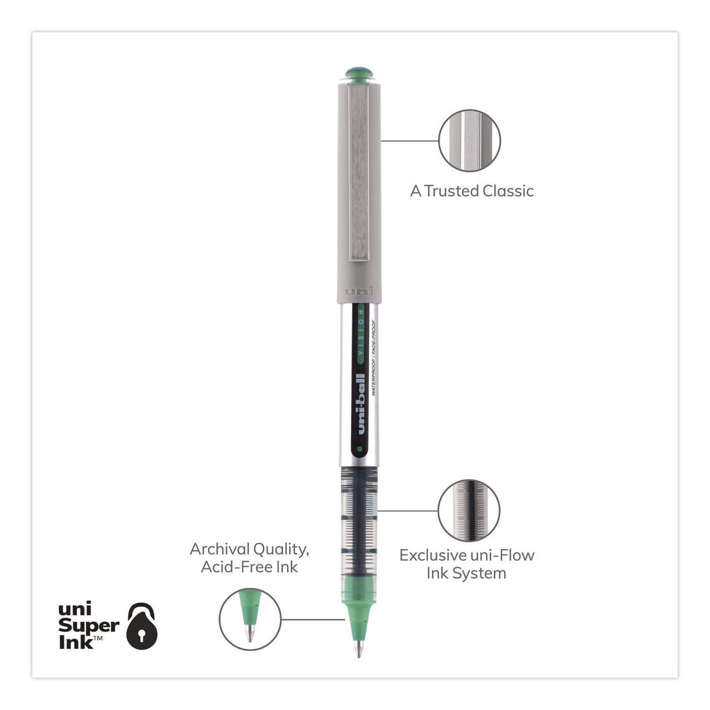 uni-ball - Vision Roller Ball Stick Water-Proof Pen, Evergreen Ink, Fine, Dozen, Sold as 1 DZ