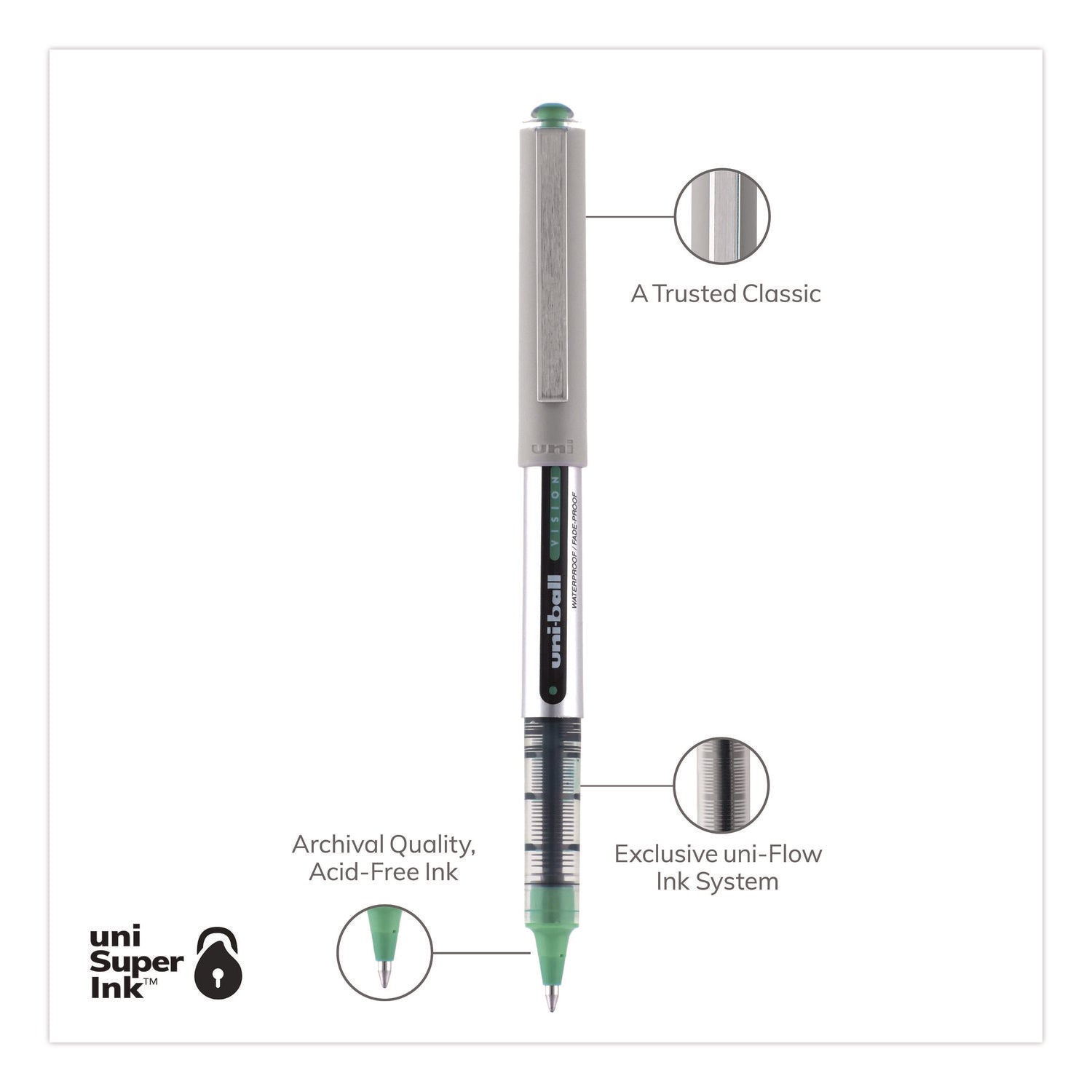 VISION Roller Ball Pen, Stick, Fine 0.7 mm, Green Ink, Silver/Green/Clear Barrel, Dozen