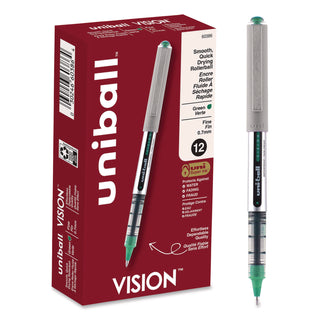 VISION Roller Ball Pen, Stick, Fine 0.7 mm, Green Ink, Silver/Green/Clear Barrel, Dozen