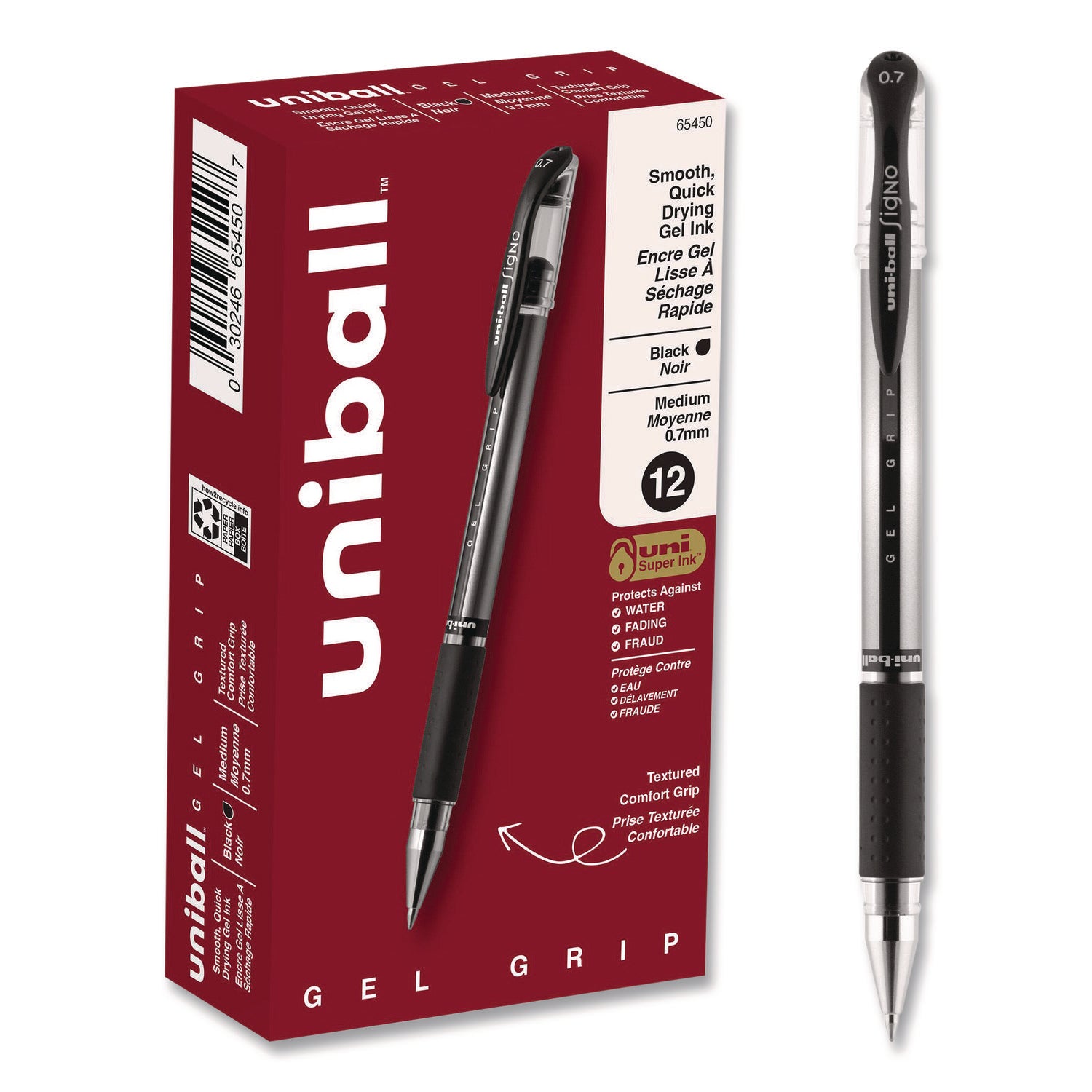 Signo GRIP Gel Pen, Stick, Medium 0.7 mm, Black Ink, Clear/Black/Silver Barrel, Dozen