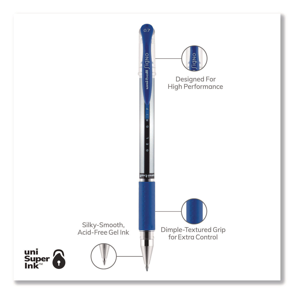 Signo GRIP Gel Pen, Stick, Medium 0.7 mm, Blue Ink, Clear/Blue/Silver Barrel, Dozen