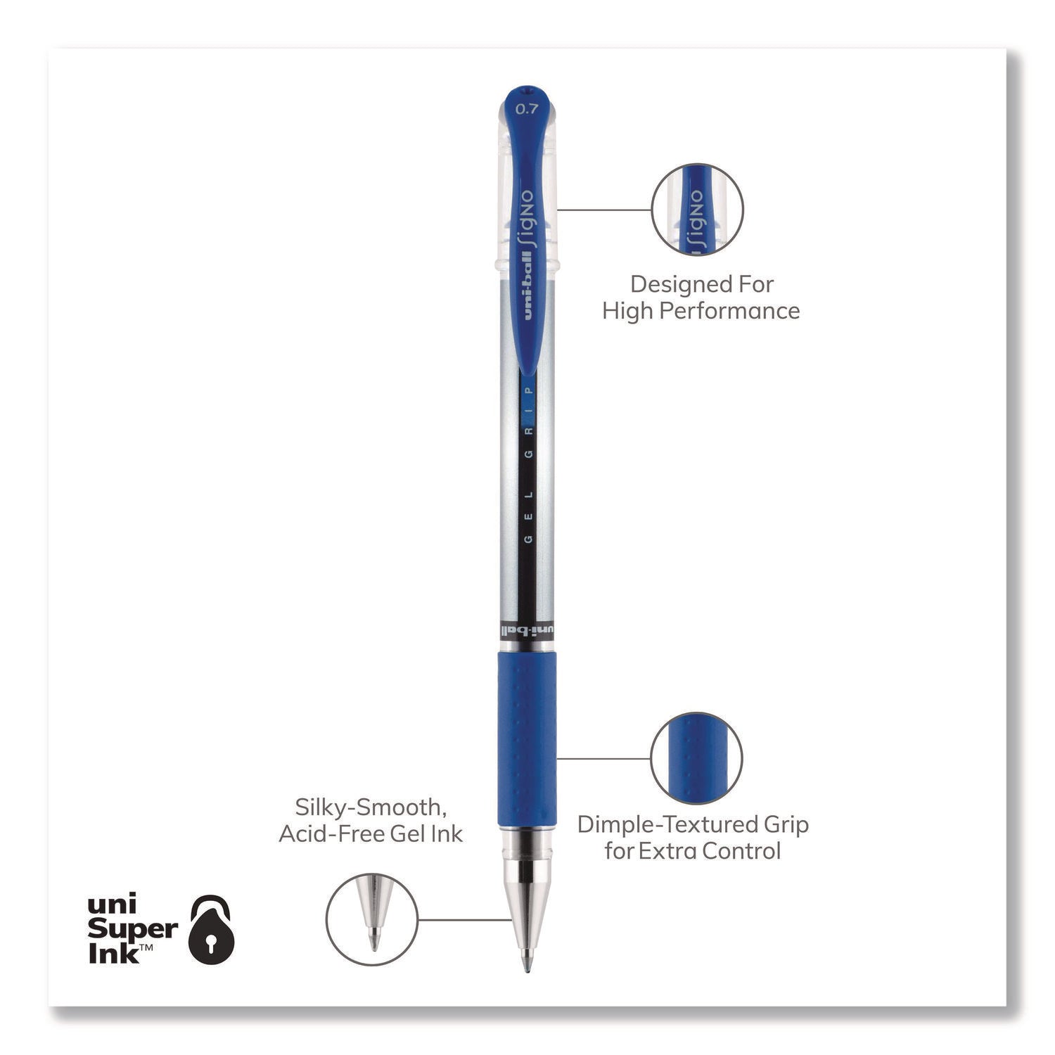 Signo GRIP Gel Pen, Stick, Medium 0.7 mm, Blue Ink, Clear/Blue/Silver Barrel, Dozen