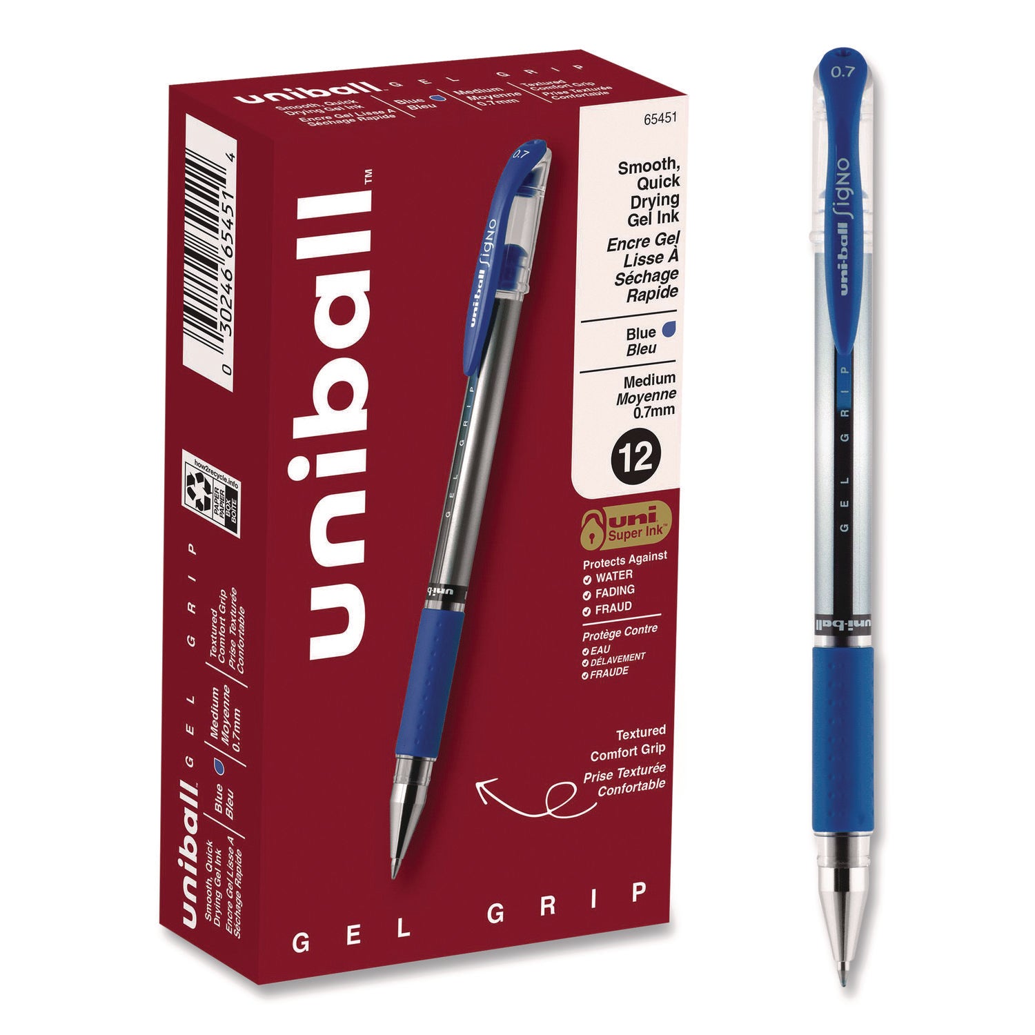 Signo GRIP Gel Pen, Stick, Medium 0.7 mm, Blue Ink, Clear/Blue/Silver Barrel, Dozen