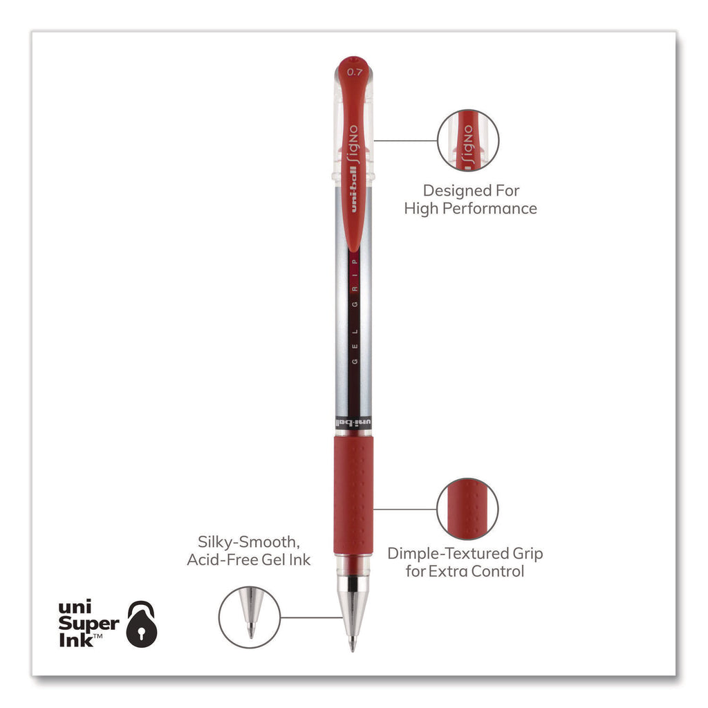 Signo GRIP Gel Pen, Stick, Medium 0.7 mm, Red Ink, Clear/Red/Silver Barrel, Dozen