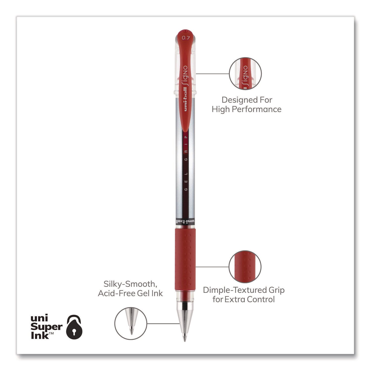 Signo GRIP Gel Pen, Stick, Medium 0.7 mm, Red Ink, Clear/Red/Silver Barrel, Dozen