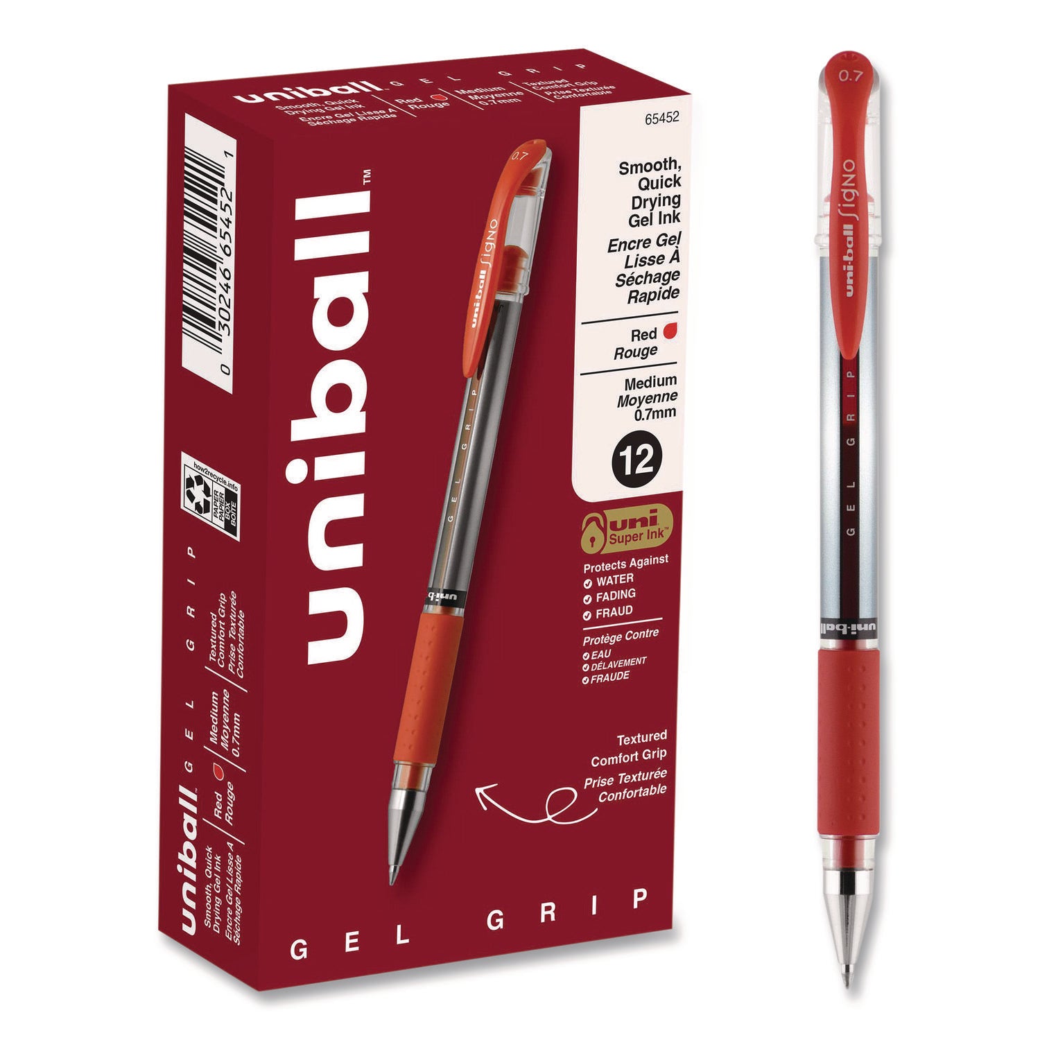 Signo GRIP Gel Pen, Stick, Medium 0.7 mm, Red Ink, Clear/Red/Silver Barrel, Dozen