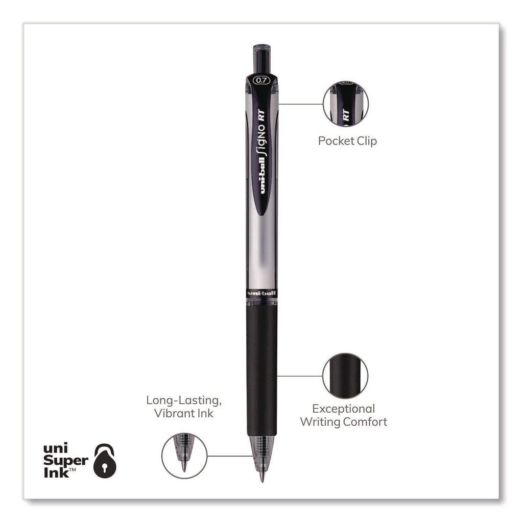 Signo Gel Pen, Retractable, Medium 0.7 mm, Black Ink, Silver/Black Barrel, Dozen