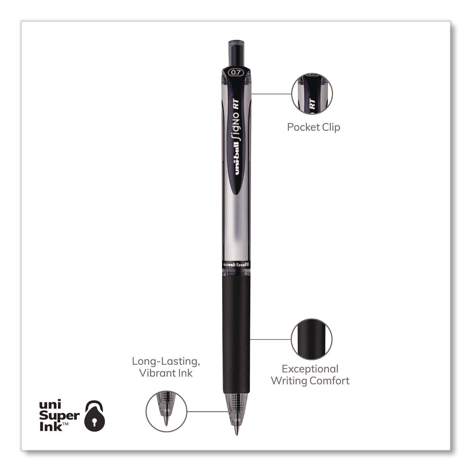 Signo Gel Pen, Retractable, Medium 0.7 mm, Black Ink, Silver/Black Barrel, Dozen