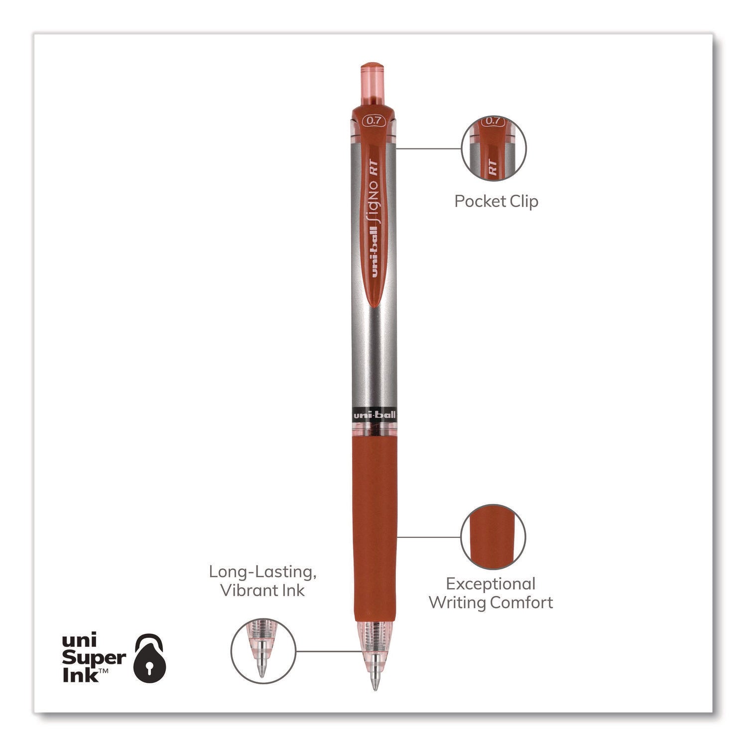 Signo Gel Pen, Retractable, Medium 0.7 mm, Red Ink, Silver/Red Barrel, Dozen