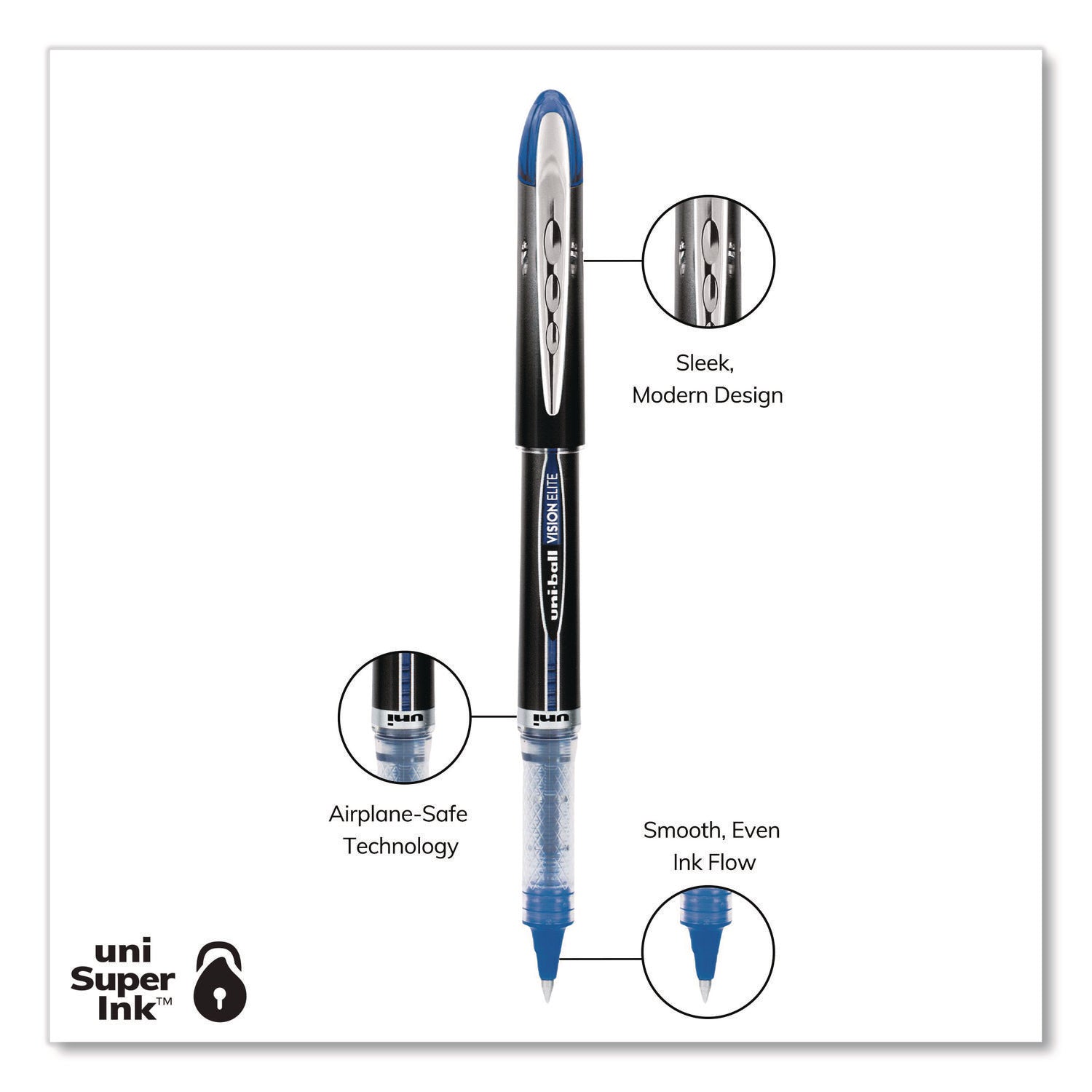 VISION ELITE Hybrid Gel Pen, Stick, Extra-Fine 0.5 mm, Blue Ink, Black/Blue/Clear Barrel