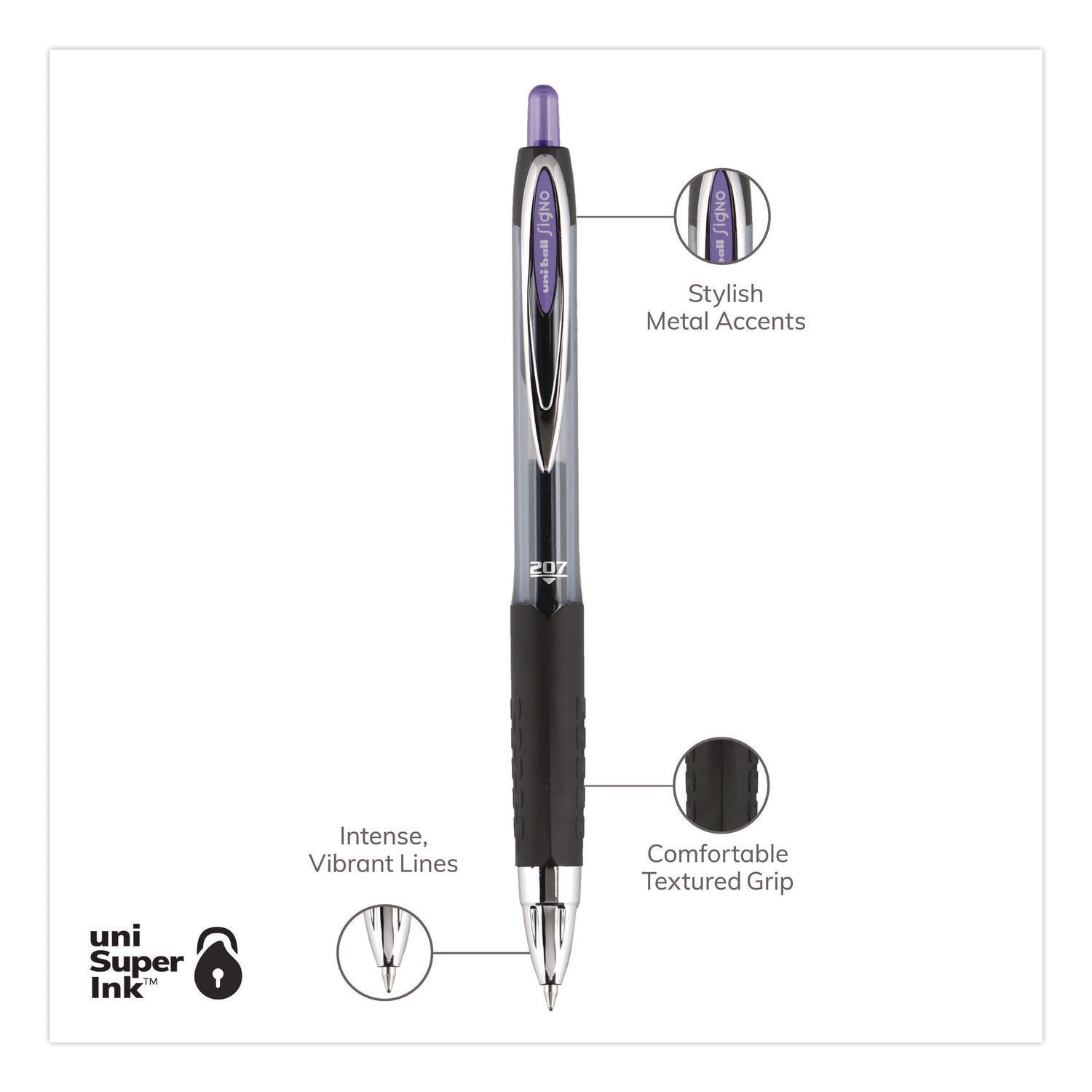 Signo 207 Gel Pen, Retractable, Medium 0.7 mm, Violet Ink, Smoke/Black/Violet Barrel, Dozen