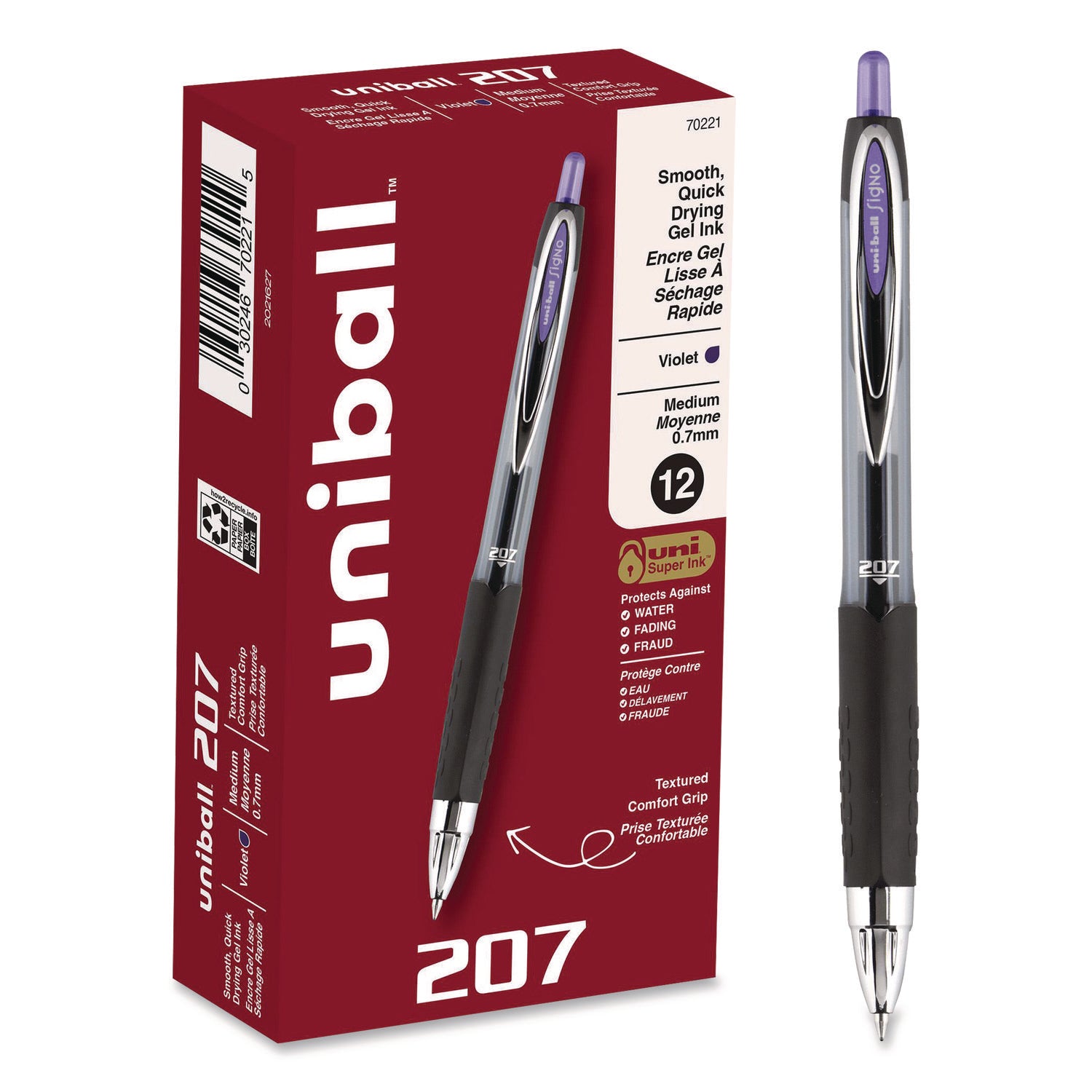 Signo 207 Gel Pen, Retractable, Medium 0.7 mm, Violet Ink, Smoke/Black/Violet Barrel, Dozen