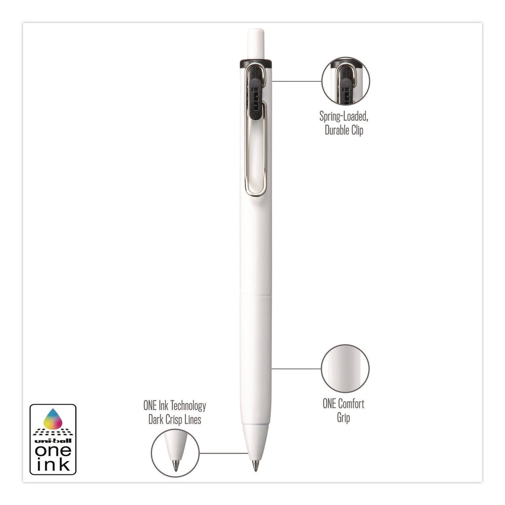 uniONE Gel Pen, Retractable, Medium 0.7 mm, Black Ink, White/Black Barrel, Dozen