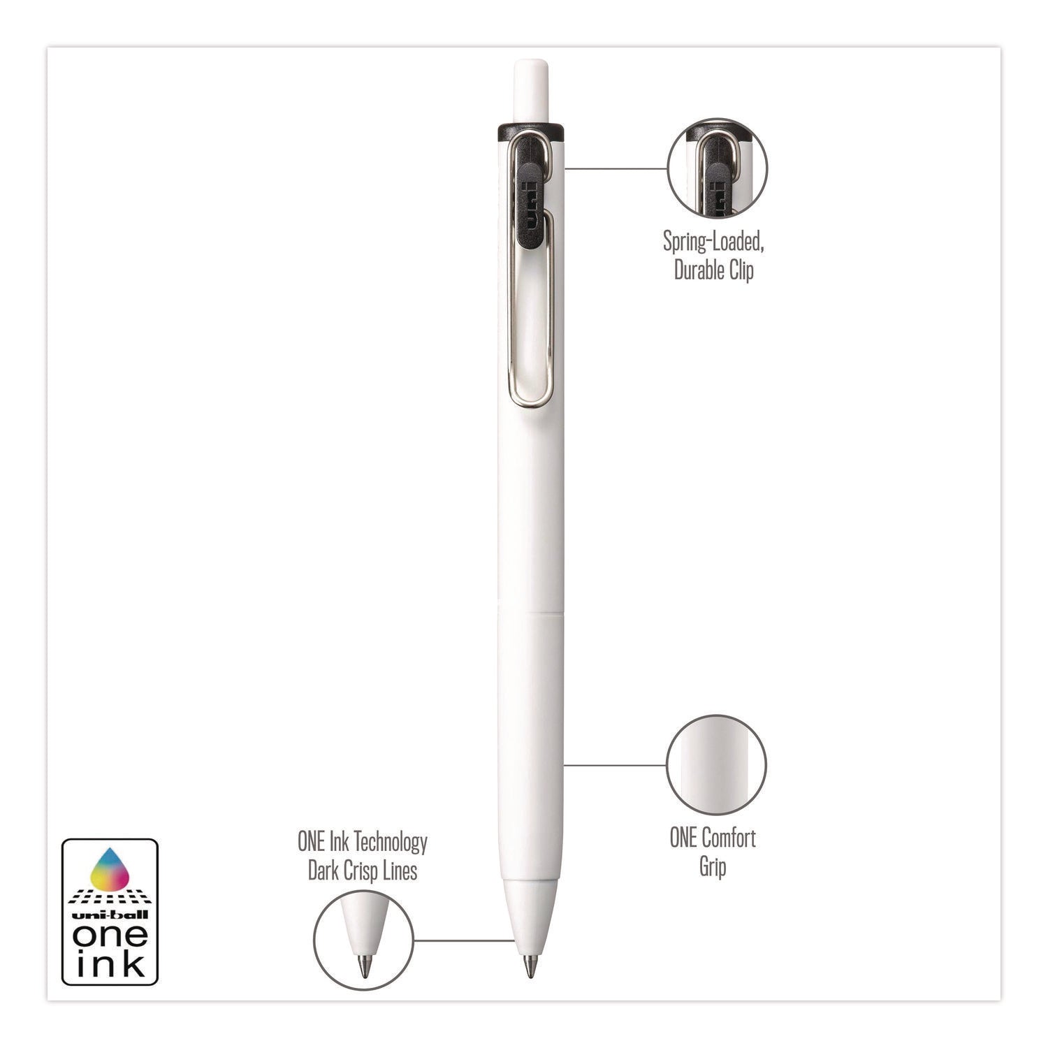 uniONE Gel Pen, Retractable, Medium 0.7 mm, Black Ink, White/Black Barrel, Dozen