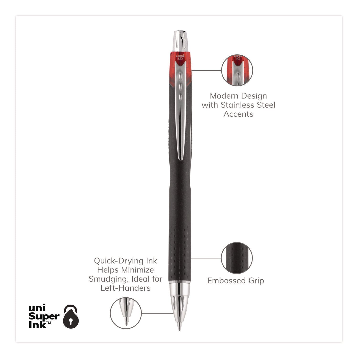 Jetstream Retractable Hybrid Gel Pen, Bold 1 mm, Red Ink, Black/Silver/Red Barrel