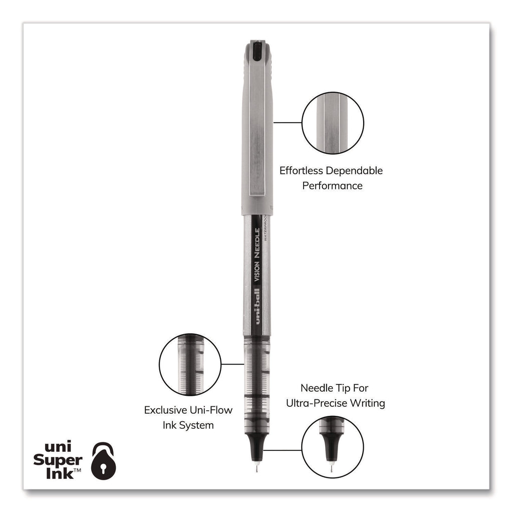 VISION Needle Roller Ball Pen, Stick, Fine 0.7 mm, Black Ink, Gray/Clear/Black Barrel, Dozen