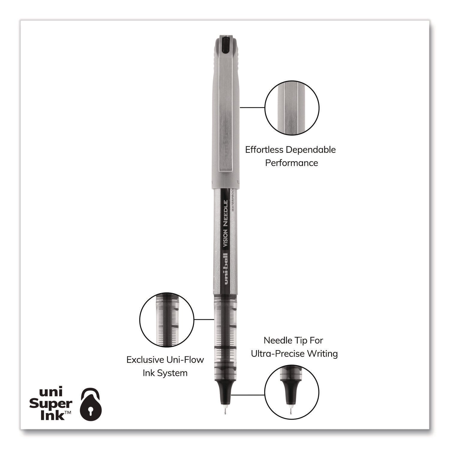 VISION Needle Roller Ball Pen, Stick, Fine 0.7 mm, Black Ink, Gray/Clear/Black Barrel, Dozen