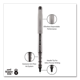 VISION Needle Roller Ball Pen, Stick, Fine 0.7 mm, Black Ink, Gray/Clear/Black Barrel, Dozen